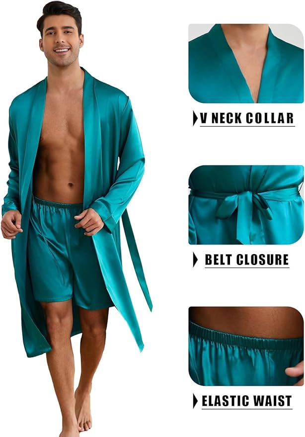 ZUEVI Men's Kimono Robe Set Silk Satin Long Sleeve Bathrobe with Shorts 2 PCS Sleepwear Pjs Sets