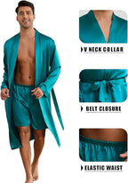 ZUEVI Men's Kimono Robe Set Silk Satin Long Sleeve Bathrobe with Shorts 2 PCS Sleepwear Pjs Sets
