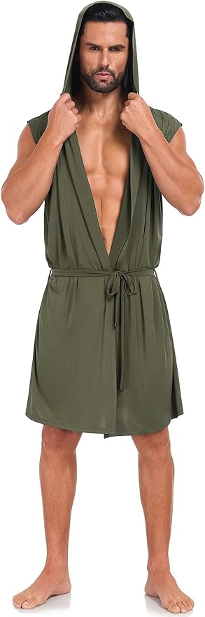 VintageClothing Men's Summer Robe with Hooded Lightweight Bathrobe House Kimono Sleeveless Sexy Sleepwear Pajamas