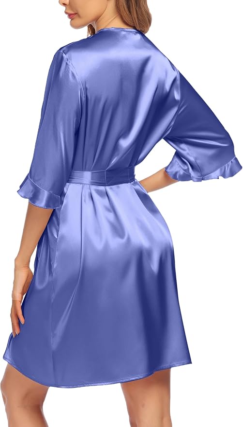Ekouaer Women's Satin Robe Valentines Lingerie for Women Kimono Bathrobe Short Ruffle Belted Robes Bridesmaids Sleepwear