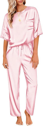 Ekouaer Womens Satin Silky Pajama Set Short Sleeve Shirt with Long Pajama Pant Set Soft PJ Loungewear