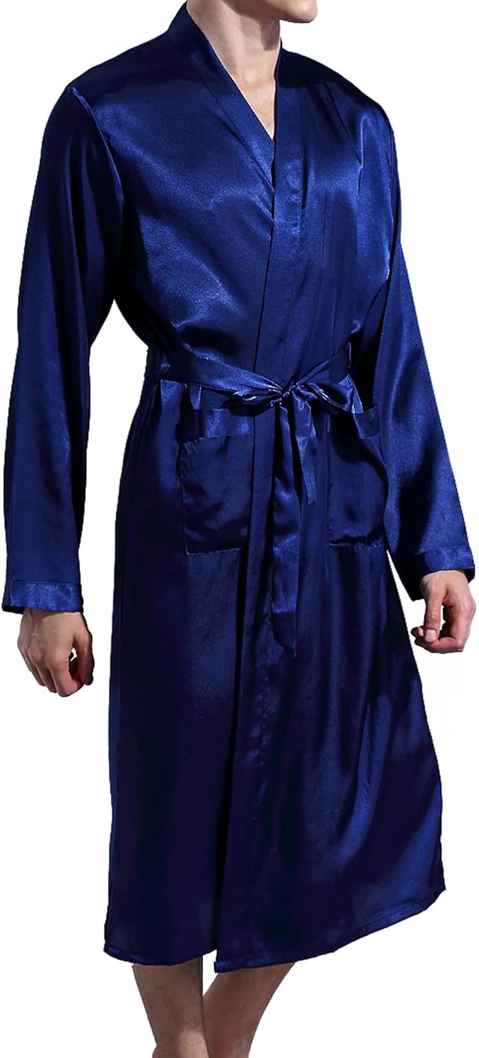 Previn Men's Satin Kimono Robe Long Spa Bathrobes Luxurious Silk Long Sleeve Loungewear
