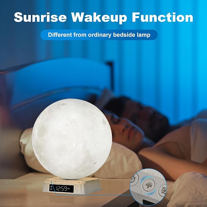 Sunrise Alarm Clock Wake Up Light - 3 Color LED Lamp with Sound & Light Awakening, Bioclock Adjustment & APP Control, Moon-Shaped Linen Lamp Shade for Bedroom Bedside