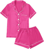 LYANER Women's Silky Satin Pajamas Set Short Sleeve Button Down Shirt With Shorts Pjs Set Sleepwear