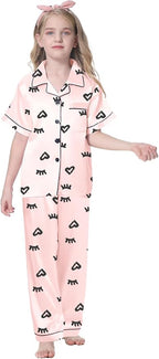 Umeyda Girls Womens Pajamas Set, Satin Silky Button Down Loungewear 2 Piece Short Sleeve Pants PJS Sets for Mommy Kids