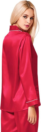 SWOMOG Womens Silk Satin Pajamas Set Long Sleeve Button Down Sleepwear 2 Piece Lounge Set Pj Set XS-3XL