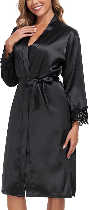 BestWendding Women's Silk Robe Set 2 Pieces Pajamas Sets Sexy Soft Satin Robe with V Neck Camisole Lingerie Nightgown