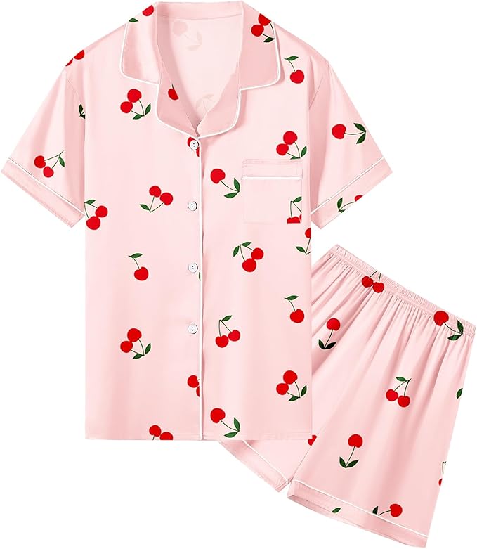 Umeyda Women & Girls Pajamas Set, Soft Satin Lightweight Silk Button-Down Top with Shorts 2 Piece PJS for Mom Boys Kids Gifts