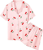 Umeyda Women & Girls Pajamas Set, Soft Satin Lightweight Silk Button-Down Top with Shorts 2 Piece PJS for Mom Boys Kids Gifts