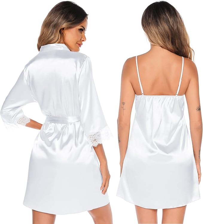SWOMOG Women's Satin Robe Set 2 Piece Sexy Pajamas Sets Lace Cami Nightgown and Silk Robes Nightwear