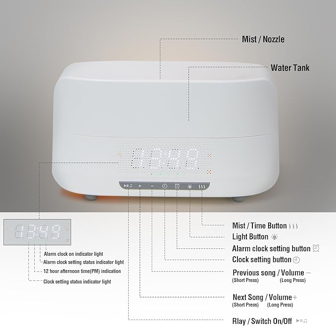 Aroma Diffuser with Bluetooth Speaker, 5-in-1 Essential Oil Diffuser Flickering Flame, 400mL Humidifier LED Clock Remote, Quiet for Bedroom Home Office Auto Shut-Off Gift (White)