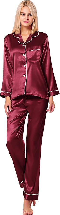 SWOMOG Womens Silk Satin Pajamas Set Long Sleeve Button Down Sleepwear 2 Piece Lounge Set Pj Set XS-3XL
