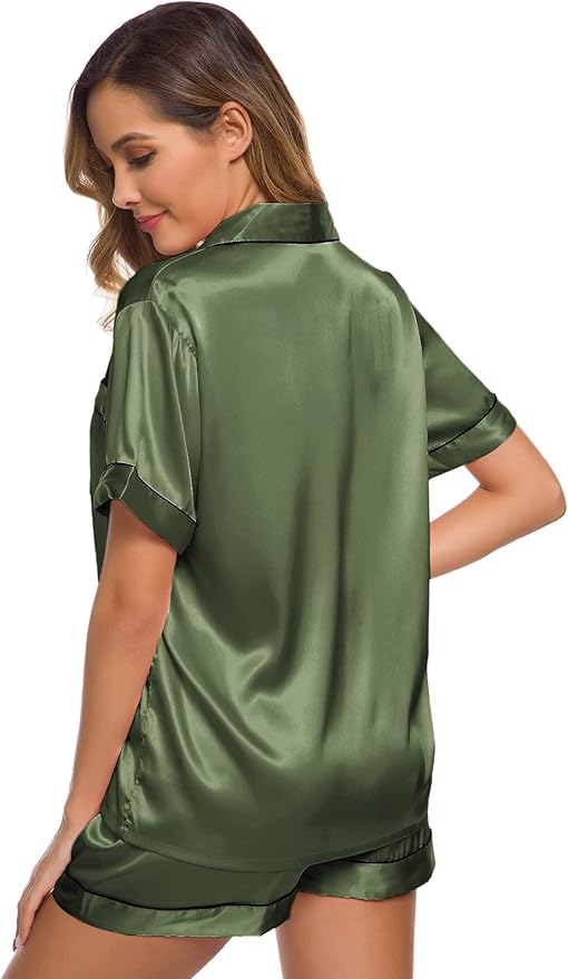 SWOMOG Womens Silk Satin Pajamas Set Short Sleeve Sleepwear Button Down Top and Shorts Loungewear 2 Piece Pjs Set XS-3XL