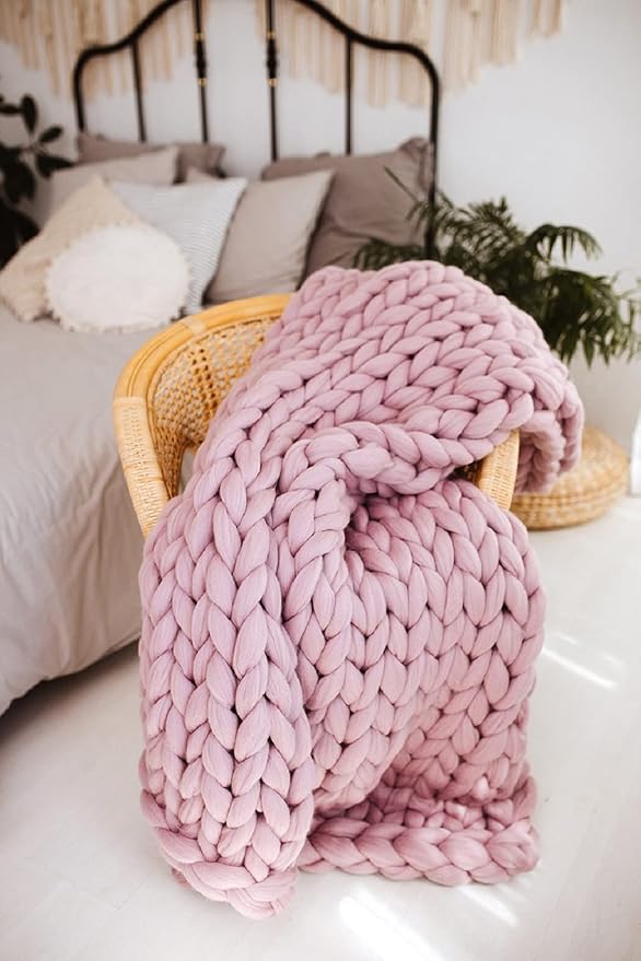 Chunky Knit Blanket, Boho Throw Blanket for Couch, Throw Blanket Knit Bed Scarf, Knitted Blanket, Supernatural Blanket, Wool Blanket for Home Decor or Gifts (Dusty Pink, 54"x75")