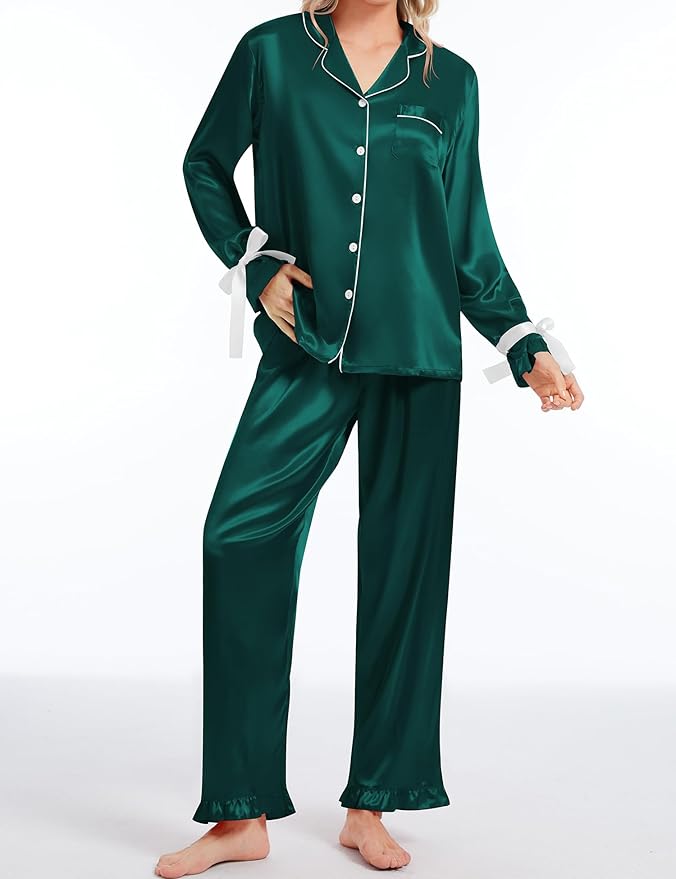 SWOMOG Womens Silk Satin Pajamas Set Long Sleeve Button Down Sleepwear 2 Piece Lounge Set Pj Set XS-3XL