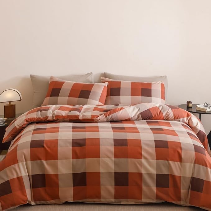 CLOTHKNOW Rust Khaki Plaid Comforter Set Queen Gingham Buffalo Bedding Comforter Sets Rust Brown Khaki Geometric Comforter Queen