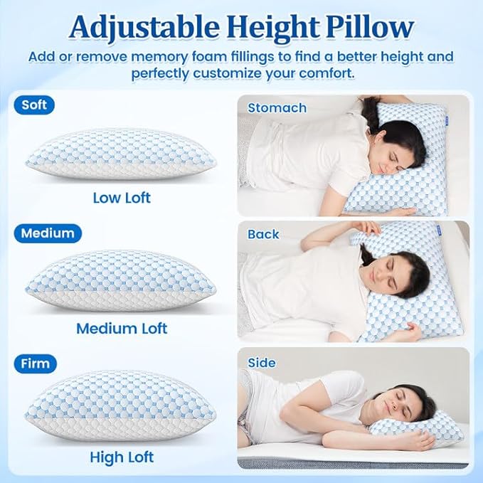 CloudBliss Cooling Bed Set of 2 Pillows for Sleeping, Shredded Memory Foam Pillows with Washable & Breathable Pillowcase, Adjustable Height Pillow for Side, Back and Stomach Sleepers, Standard Size