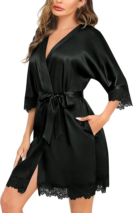 SWOMOG Women's Satin Robe Set 2 Piece Sexy Pajamas Sets Lace Cami Nightgown and Silk Robes Nightwear
