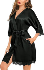SWOMOG Women's Satin Robe Set 2 Piece Sexy Pajamas Sets Lace Cami Nightgown and Silk Robes Nightwear