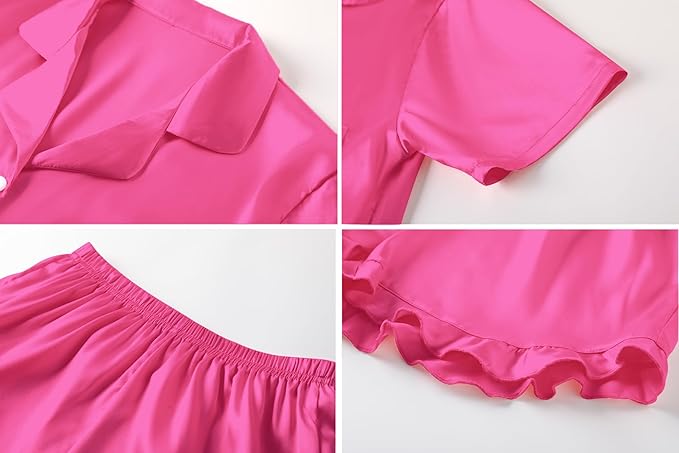 Umeyda Girls & Women Satin Pajamas Set Button Down 2 Piece Silk Pjs Shorts Set Ruffle Sleepwear, 5 Years-Women L