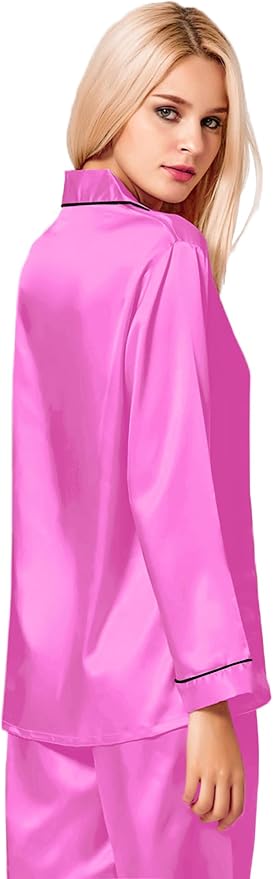 SWOMOG Womens Silk Satin Pajamas Set Long Sleeve Button Down Sleepwear 2 Piece Lounge Set Pj Set XS-3XL