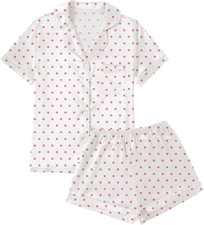 LYANER Women's Silky Satin Pajamas Set Short Sleeve Button Down Shirt With Shorts Pjs Set Sleepwear