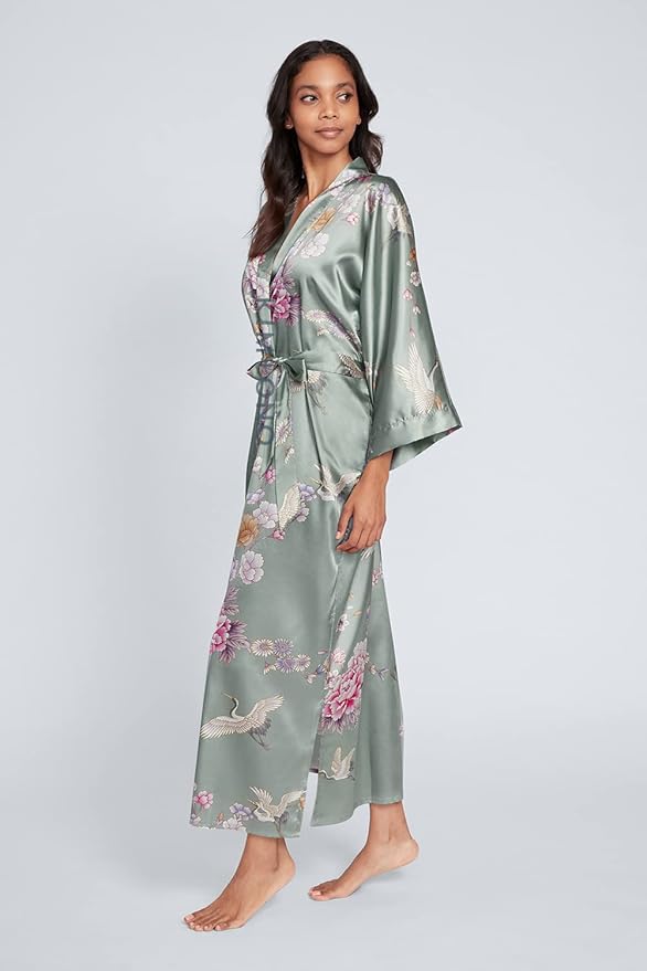 KIM+ONO Plus Size Luxury Kimono Robe for Women | Long Satin Floral Robe | Original Design | Removable Waist Tie Closure