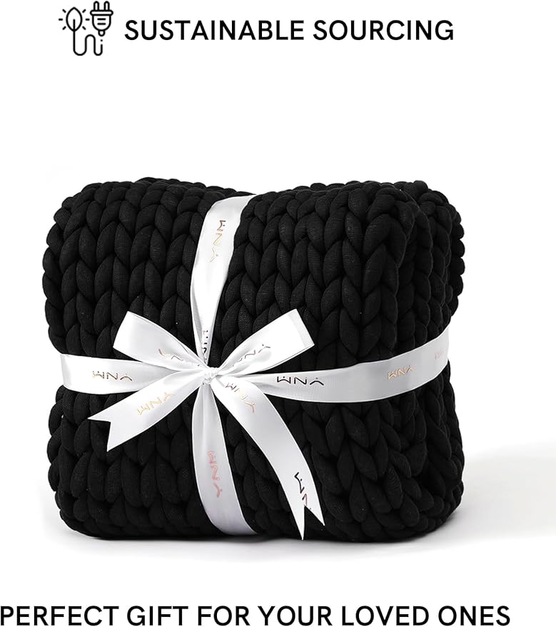 YnM Chunky Throw Blanket, Medium-Weight, Hand Knitted, Skin Friendly, Ventilated and Breathable, Machine Washable, Home Décor Piece for Couch, Sofa and Bed (Black, 50x70 Inch)