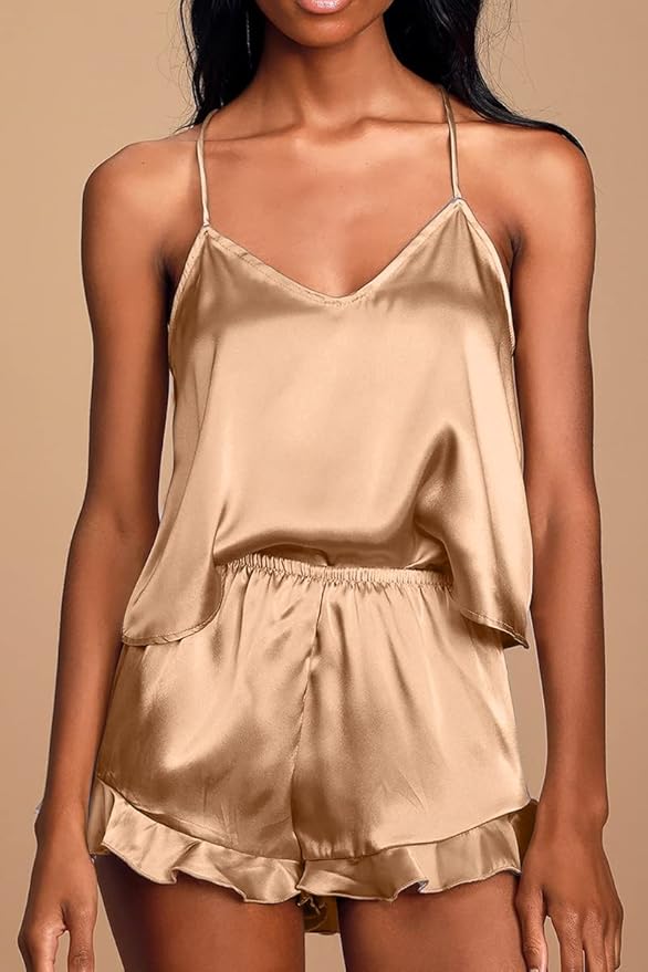 CHYRII Women's Sexy Silk Satin Ruffled Pajamas Sets Cami Shorts Sets Sleepwear