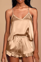 CHYRII Women's Sexy Silk Satin Ruffled Pajamas Sets Cami Shorts Sets Sleepwear