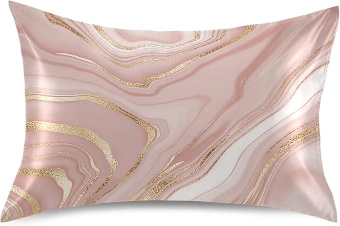 Rose Gold Satin Pillowcase for Hair and Skin, Rose Gold Marble Silk Pillow Case with Envelope Closure, Queen Size 20x30 inches, 1 PC