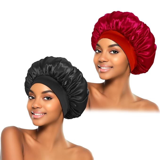 ZHENSILK 2Pcs Silk Bonnet for Sleeping, Satin Hair Bonnets, Soft Elastic Band Silk Sleep Cap, Hair Wrap for Women(Black Burgundy)
