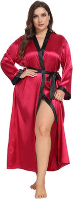 Womens Plus Size Silky Satin Kimono Robe Floral Long Bathrobe Wedding Sleepwear Dressing Gown