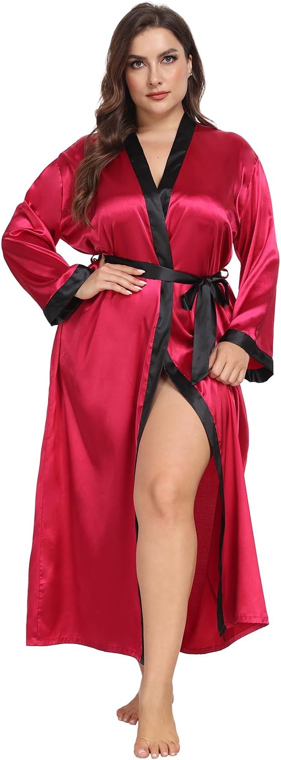 Womens Plus Size Silky Satin Kimono Robe Floral Long Bathrobe Wedding Sleepwear Dressing Gown