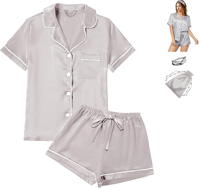 WJing Yi Jia 4Pcs Womens Satin Silky Pajama Sets Short Sleeve Shirt XS-4XL Floral Pajamas Set Soft PJ Loungewear Sleepwear