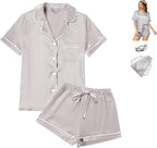 WJing Yi Jia 4Pcs Womens Satin Silky Pajama Sets Short Sleeve Shirt XS-4XL Floral Pajamas Set Soft PJ Loungewear Sleepwear
