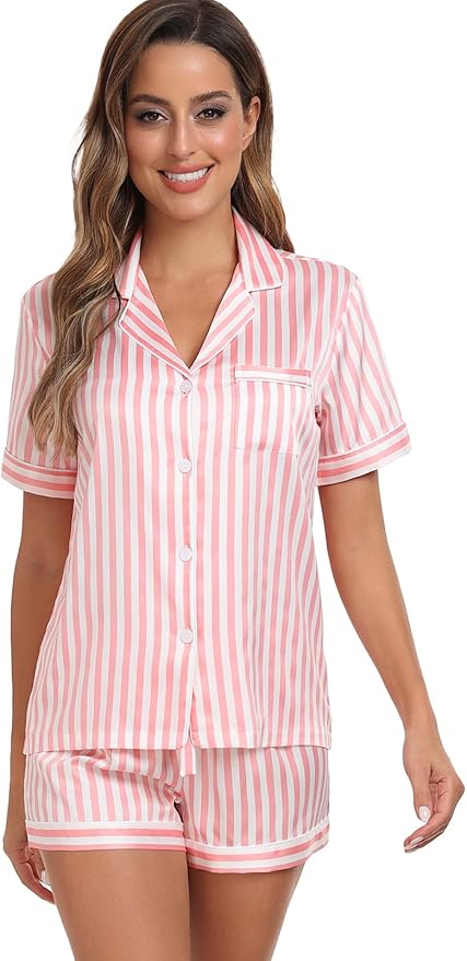 Serenedelicacy Women's Satin Pajama Set 2-Piece Sleepwear Loungewear Button Down Short Sleeve Silky PJ Set