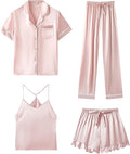 SAPJON Silk Pajamas for Women Set 4Pcs Ruffled Satin Pajamas Set Button Down Short Sleeve Cami Shorts Sleepwear Pj Set