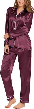 SWOMOG Womens Silk Satin Pajamas Set Long Sleeve Button Down Sleepwear 2 Piece Lounge Set Pj Set XS-3XL