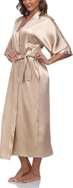 Women's Silk Robes Soft Long Satin Kimono Bathrobe Bride Bridesmaid Wedding Party Robes Sexy Sleepwear with Pockets