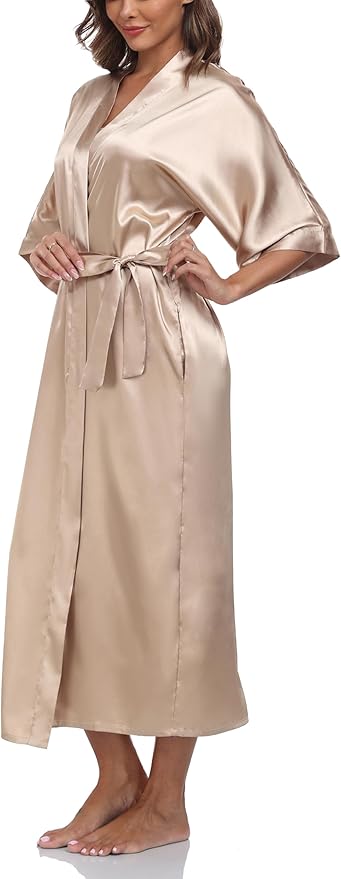 Women's Silk Robes Soft Long Satin Kimono Bathrobe Bride Bridesmaid Wedding Party Robes Sexy Sleepwear with Pockets