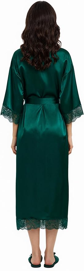 Long Satin Robes for Women Ankle Length Kimono Robes Silky Bridal Party Robes with Lace Trim Bridesmaid Loungewear Sleepwear