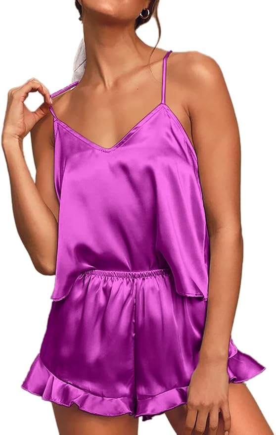 CHYRII Women's Sexy Silk Satin Ruffled Pajamas Sets Cami Shorts Sets Sleepwear