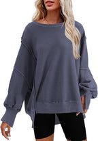 Nirovien Womens Oversized Crewneck Sweatshirt Side Slit Long Sleeve Pullover Slouchy Fit Tops