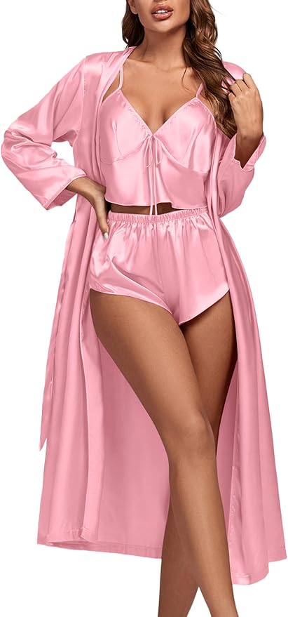 OPOIPIN Women's 3 Piece Pajama Set Sexy Cami Top and Shorts with Robe Sleepwear Loungewear Set