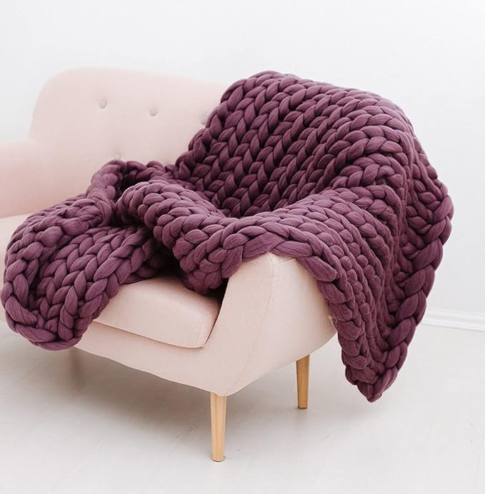 Chunky Knit Blanket - Boho Throw Blanket, Full Size Blanket for Adult, Purple Throw Blanket, Big Blanket Bed Decor, 54x75 Blanket Gift for Women Birthday, Christmas (Pale Purple, 54"x75")