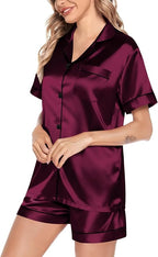 SWOMOG Satin Matching Pajamas Sets Couple Silk Button Down Nightwear Women & Men Short Sleeve Sleepwear 2 Pieces Loungewear