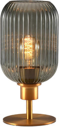 Mid Century Glass Table Lamp,Dimmable Desk Lamp,LED Bulb Included,Timer Build-in,Smoky Grey Ribbed Glass