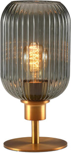 Mid Century Glass Table Lamp,Dimmable Desk Lamp,LED Bulb Included,Timer Build-in,Smoky Grey Ribbed Glass