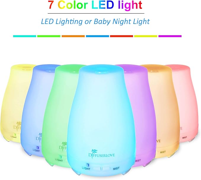 Diffuserlove 2 Pack 200ml Essential Oil Diffuser Ultrasonic Aromatherapy Diffuser Cool Mist Humidifiers with 7 Color LED Lights & Waterless Auto Shut-Off for Home Office Kitchen Bedroom